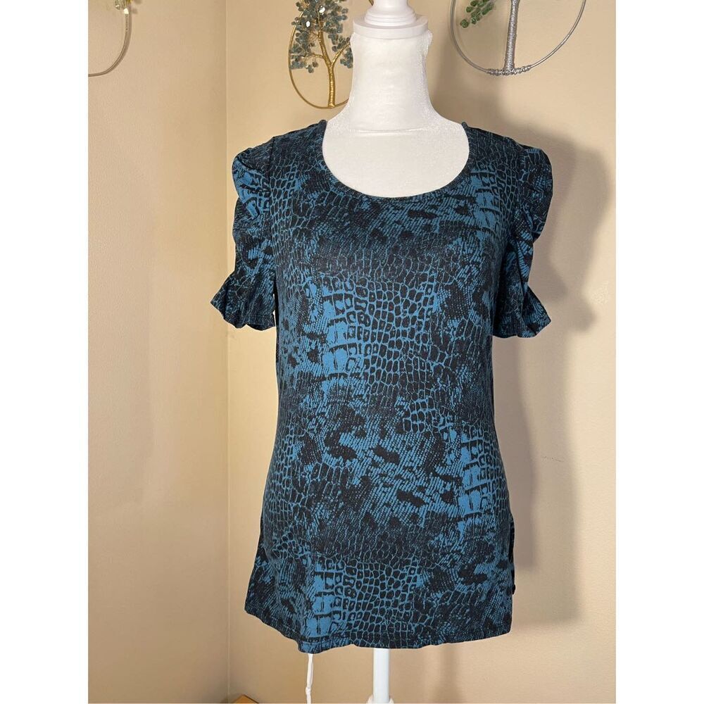 Ana Dark Teal Black Mixed Croc Snake Print Ruched Sleeve Tee Medium